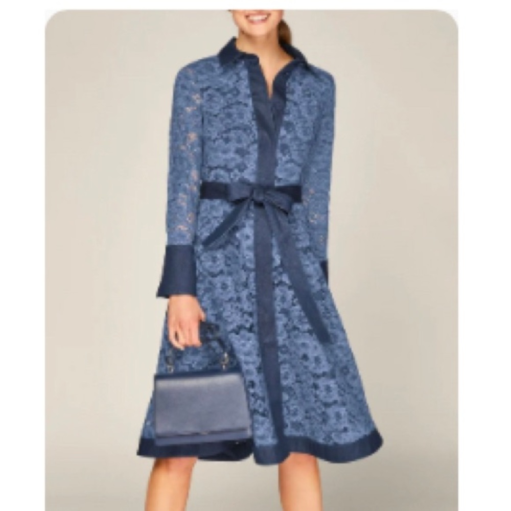 NWT StyleWe Elegant Denim Trimmed Collar Dress w/Sheer Sleeves & detached belt